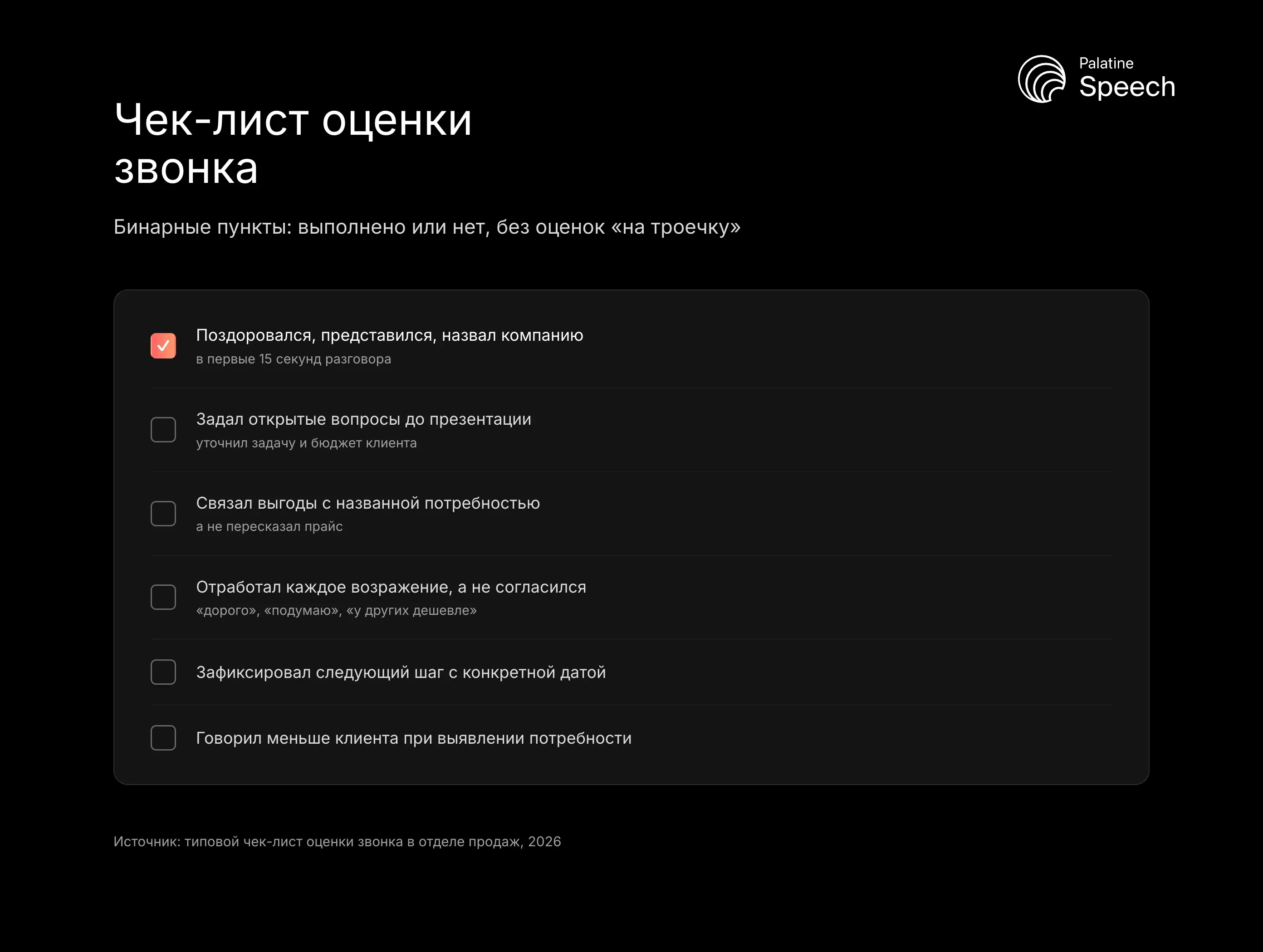 Чек-лист оценки звонка: Бинарные пункты: выполнено или нет, без оценок «на троечку»