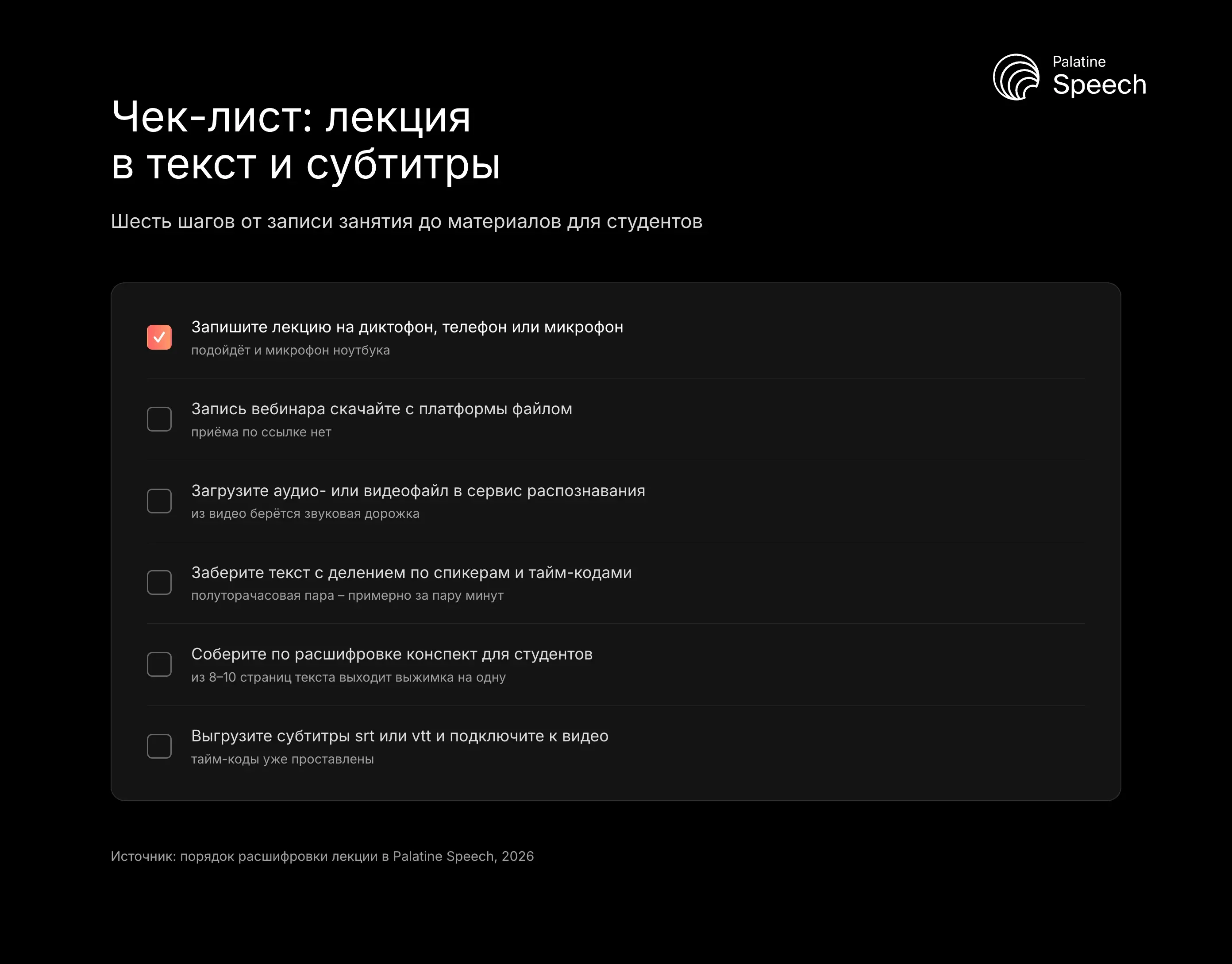 Чек-лист: лекция в текст и субтитры: Шесть шагов от записи занятия до материалов для студентов