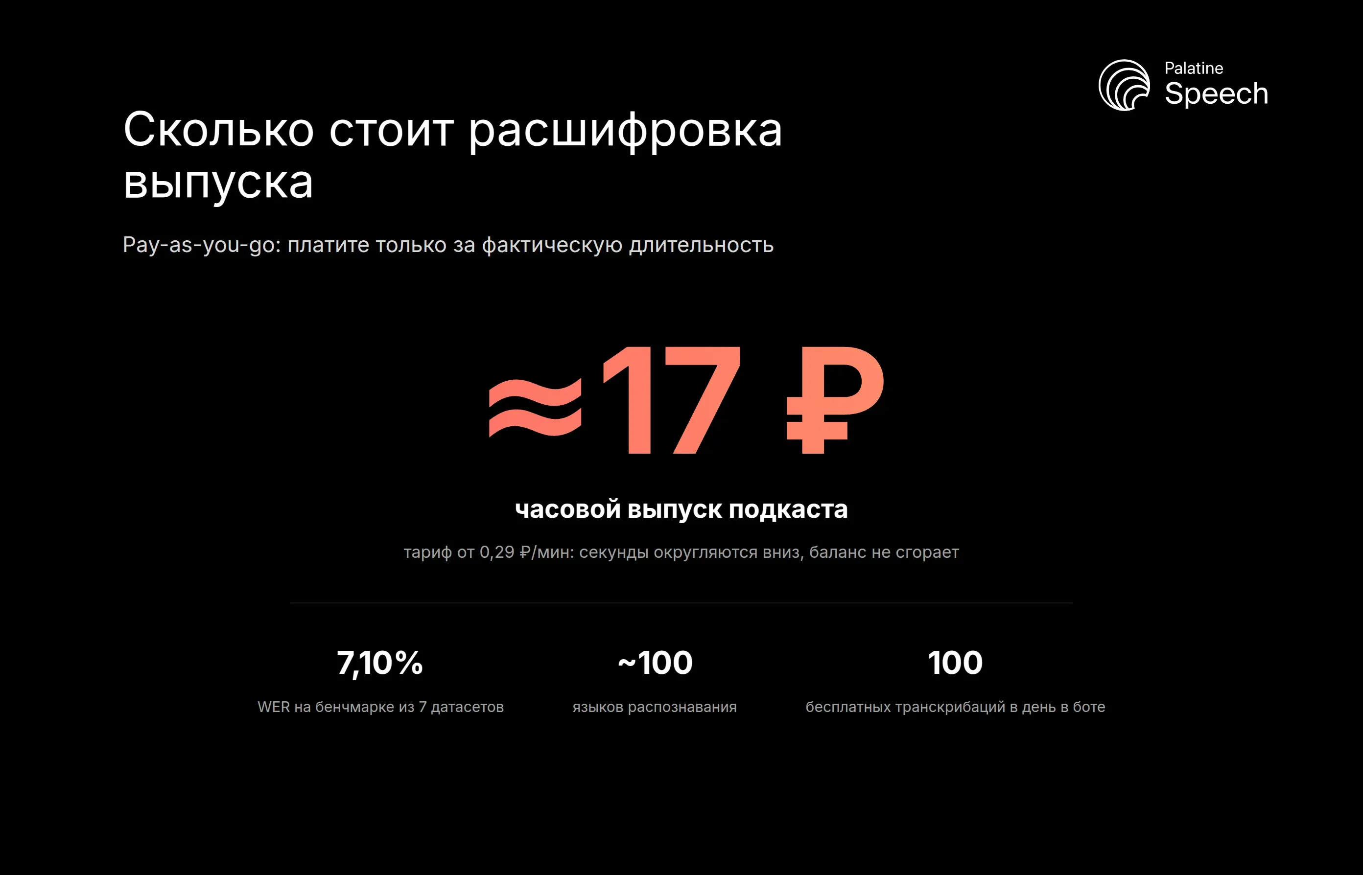 Стоимость расшифровки часового выпуска подкаста - примерно 17 ₽ при тарифе от 0,29 ₽/мин, WER 7,10%, около 100 языков и 100 бесплатных транскрибаций в день в боте
