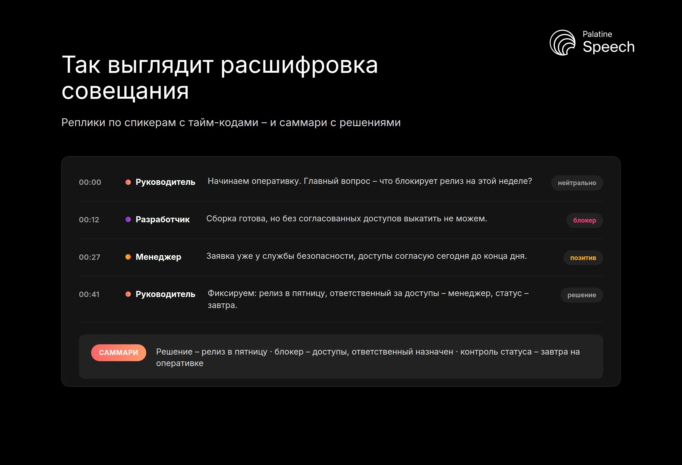 Пример расшифровки совещания: реплики спикеров с тайм-кодами и тональностью, внизу - саммари с решением и ответственным